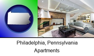 Philadelphia, Pennsylvania - a living room in a luxury apartment