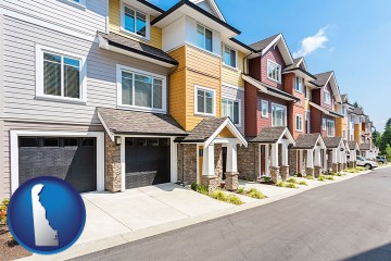a row of townhouses with Delaware map icon