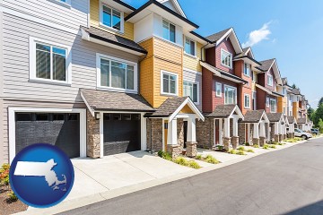 a row of townhouses with Massachusetts map icon