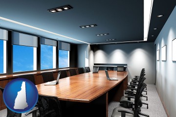 an executive conference room with New Hampshire map icon