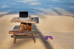 a mobile office at the seashore