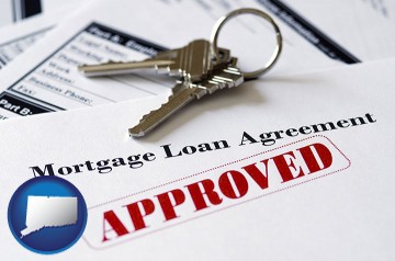 an approved mortgage loan agreement with Connecticut map icon