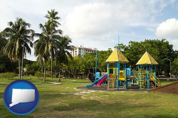 a tropical park playground with Connecticut map icon