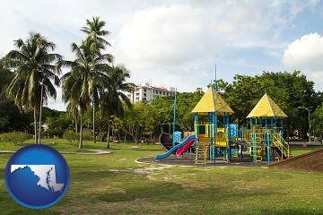 a tropical park playground with Maryland map icon