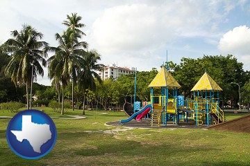 a tropical park playground with Texas map icon