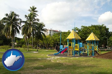 a tropical park playground with West Virginia map icon