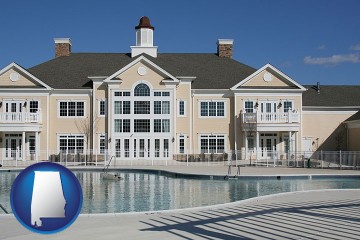 an active adult community center and swimming pool with Alabama map icon