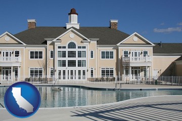an active adult community center and swimming pool with California map icon