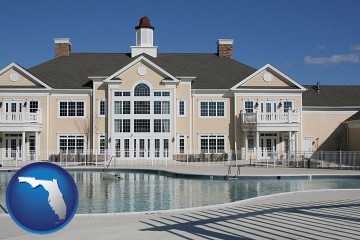 an active adult community center and swimming pool with Florida map icon