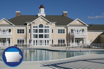 an active adult community center and swimming pool with Iowa map icon