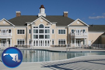 an active adult community center and swimming pool with Maryland map icon