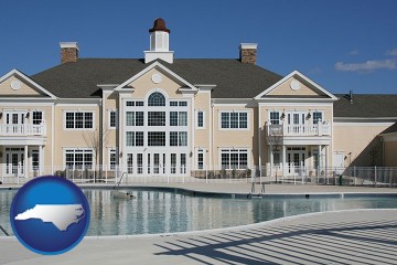an active adult community center and swimming pool with North Carolina map icon