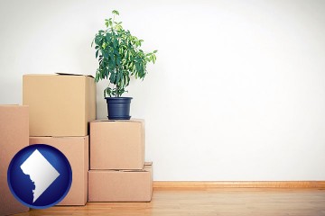 an unfurnished apartment with moving boxes with Washington, DC map icon