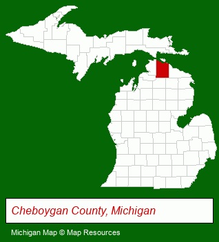 Michigan map, showing the general location of Country Cabins of Topinabee