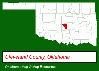 Oklahoma map, showing the general location of Thunderbird Lodge of Norman