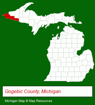 Michigan map, showing the general location of Copper Peak Ski Flying