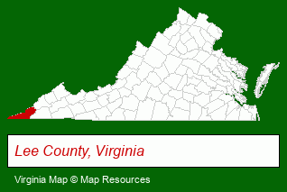 Virginia map, showing the general location of Old Virginia Hand Hewn Log