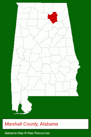 Alabama map, showing the general location of Marshall Baptist Retreat Center