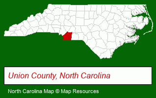 North Carolina map, showing the general location of Union County Community Shelter