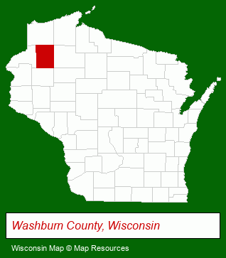 Wisconsin map, showing the general location of Bashaw Lake Resort